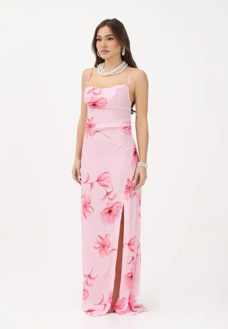 Abito lungo Kelly rosa da donna con stampa floreale