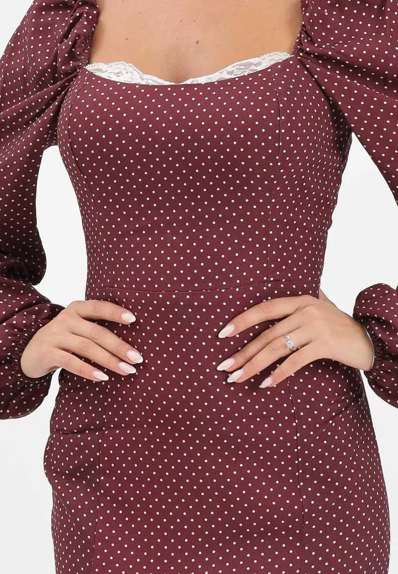 Abito lungo Lady bordeaux da donna con micro fantasia a pois miniatura 3