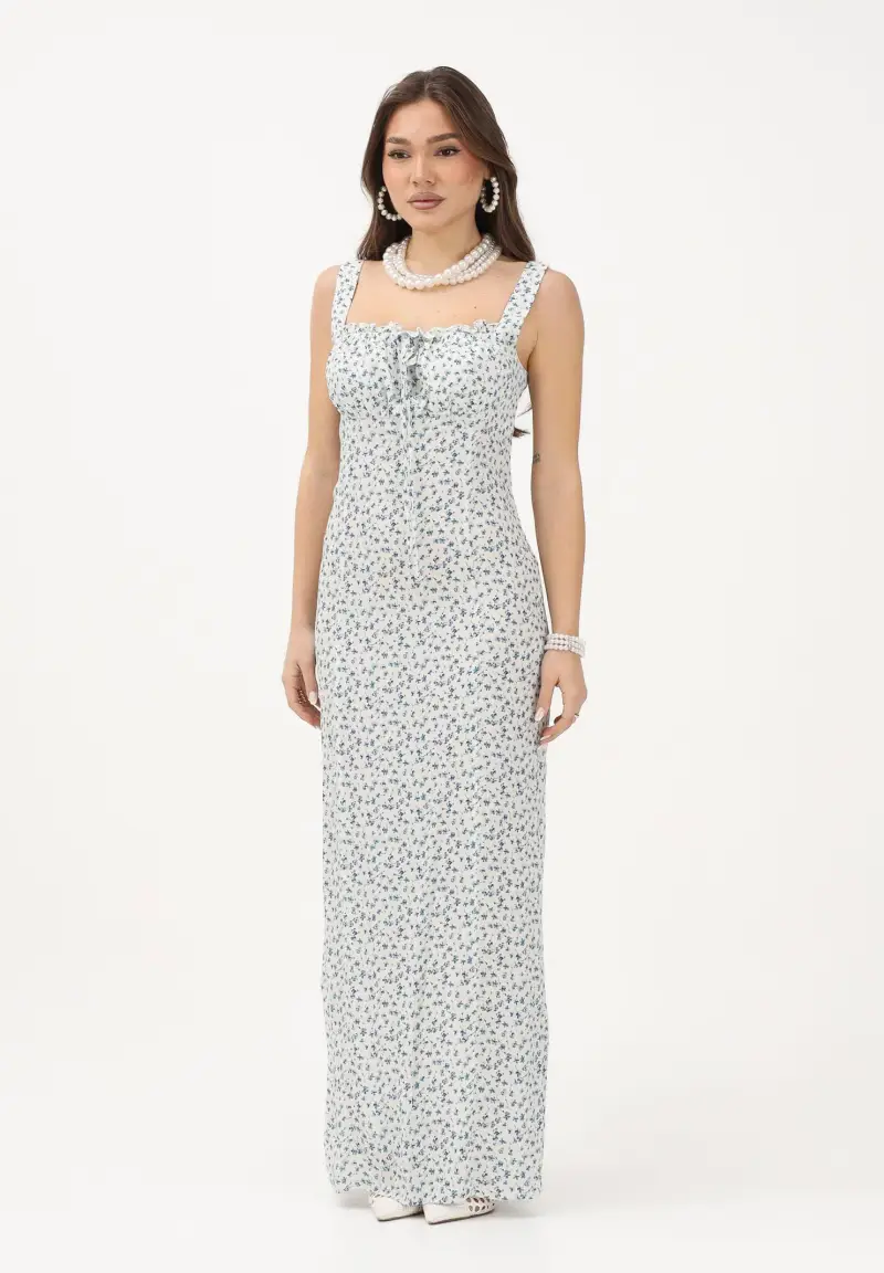 Abito lungo Megan bianco da donna con stampa floreale