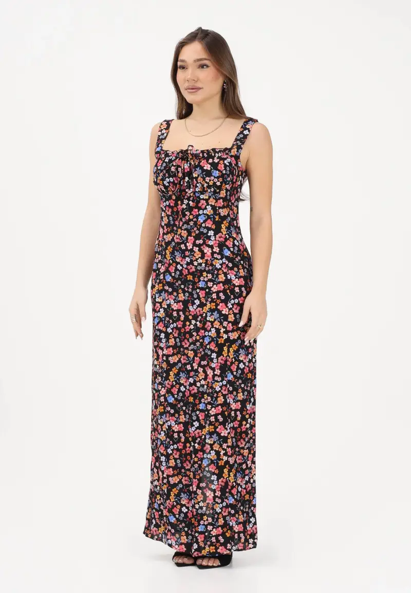 Abito lungo Megan nero da donna con stampa floreale