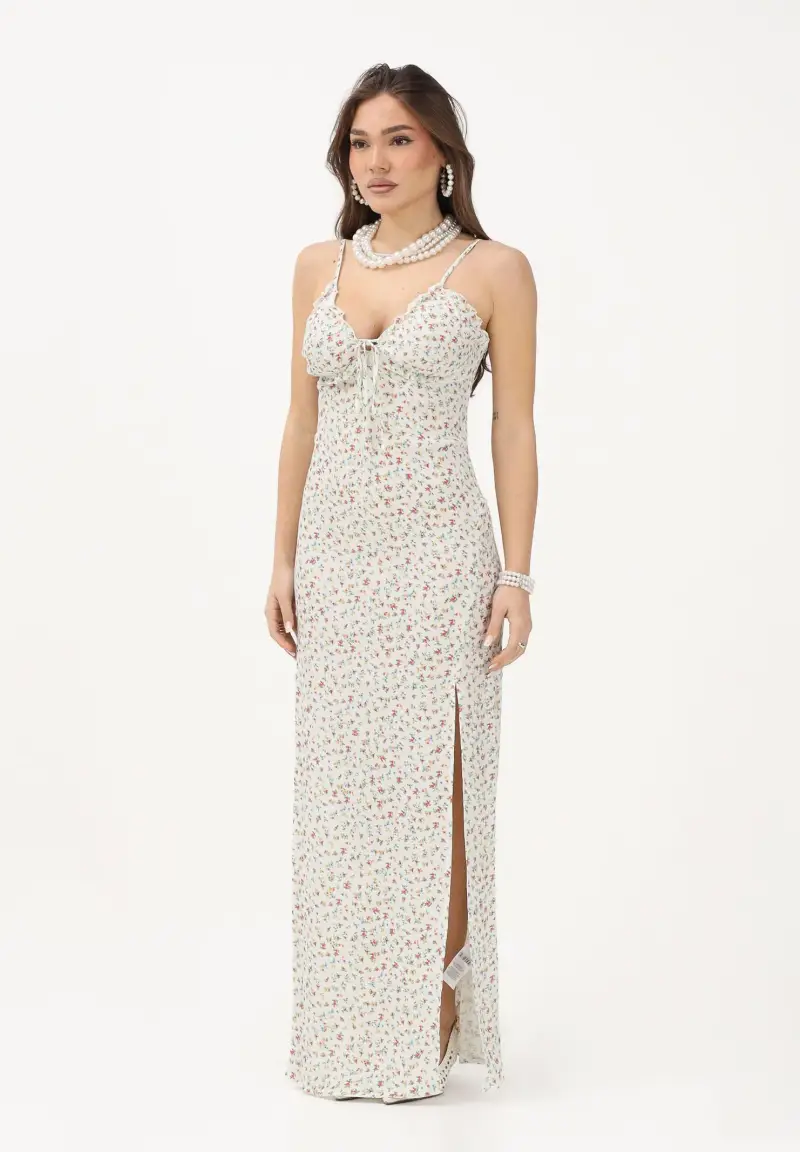 Abito lungo Riley panna da donna con micro stampa floreale