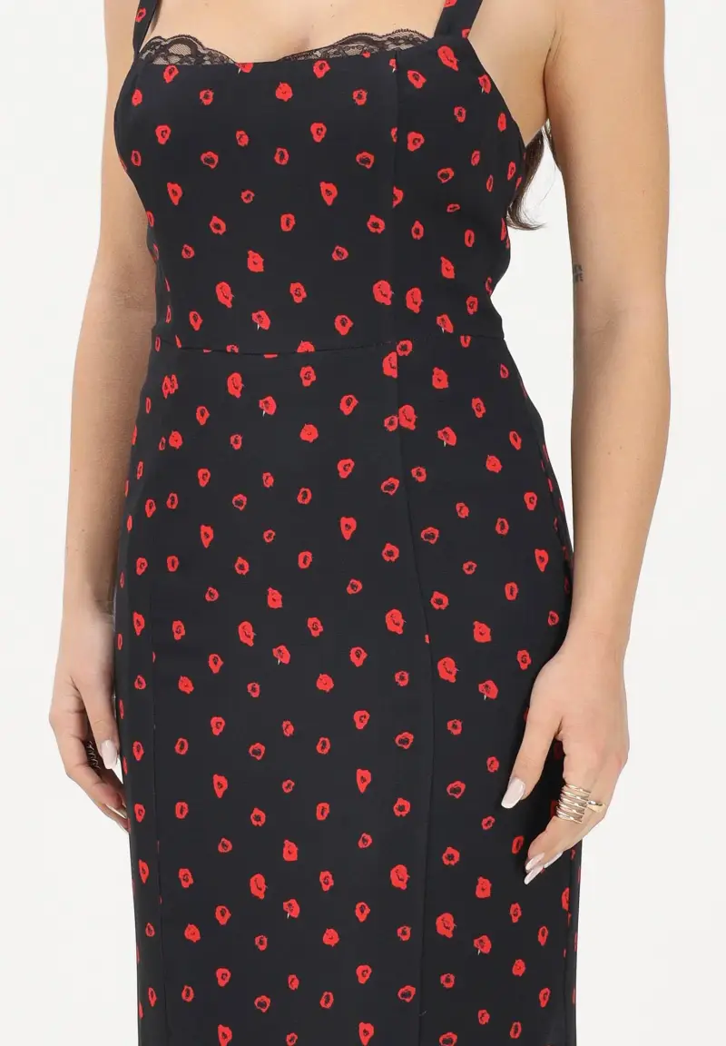 Abito midi Denise nero da donna con micro stampa floreale rossa miniatura 3