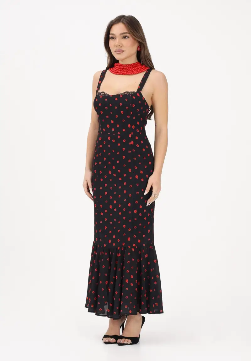 Abito midi Denise nero da donna con micro stampa floreale rossa