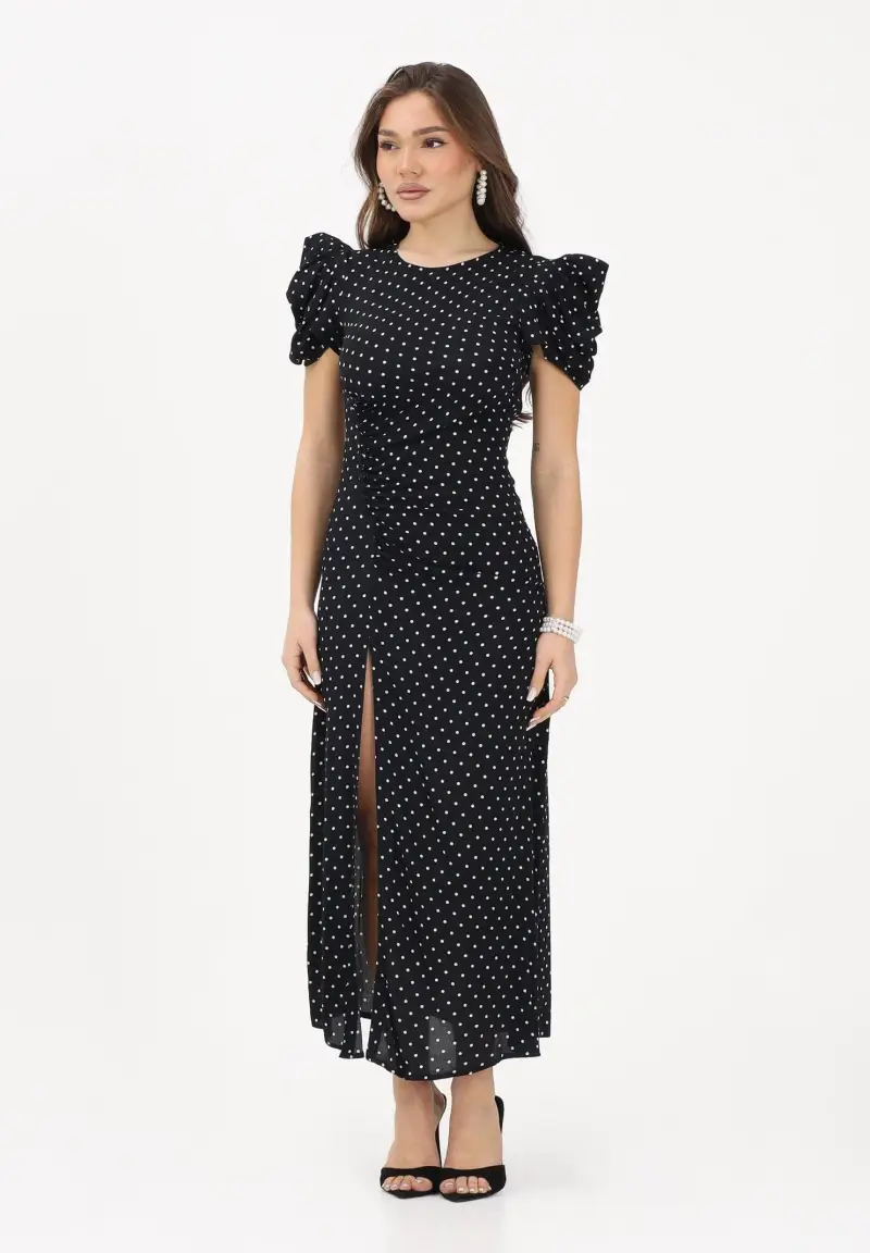 Abito midi Kristel nero da donna con stampa a pois
