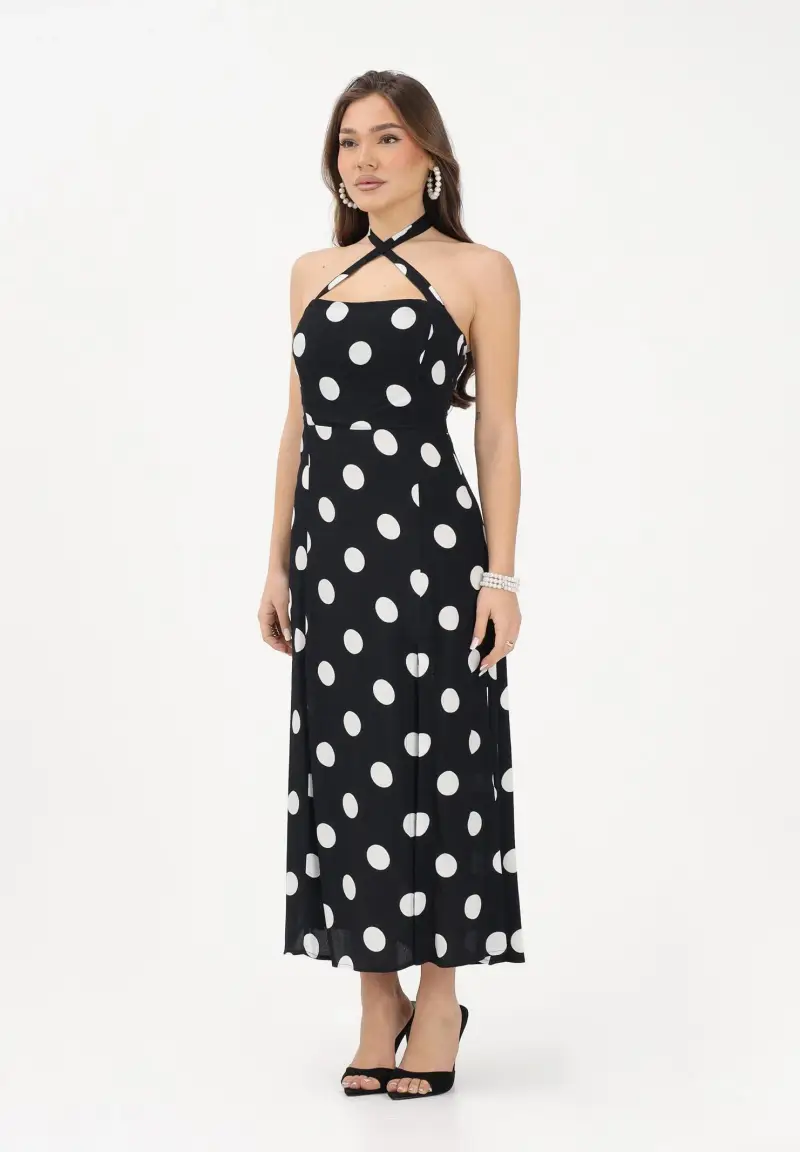 Abito midi Paula nero da donna con maxi pois
