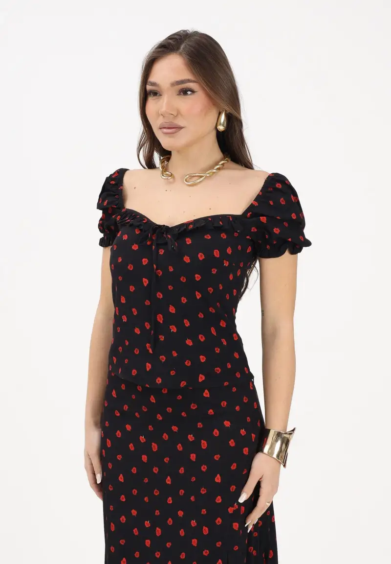 Top Letizia nero da donna con micro stampa floreale