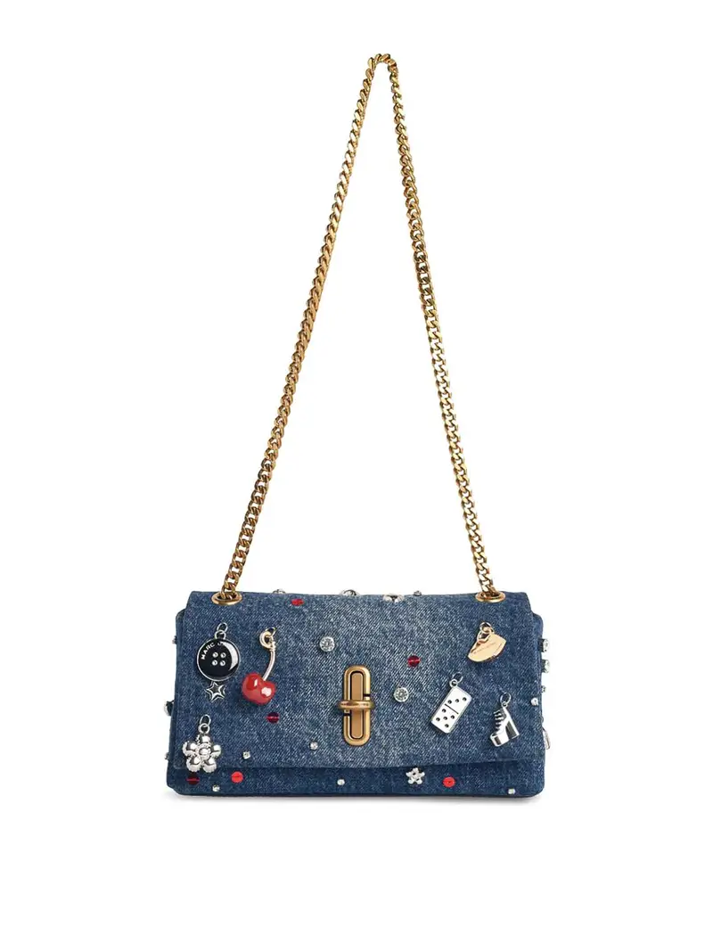 Mini Borsa A Doppia Catena In Denim Blu