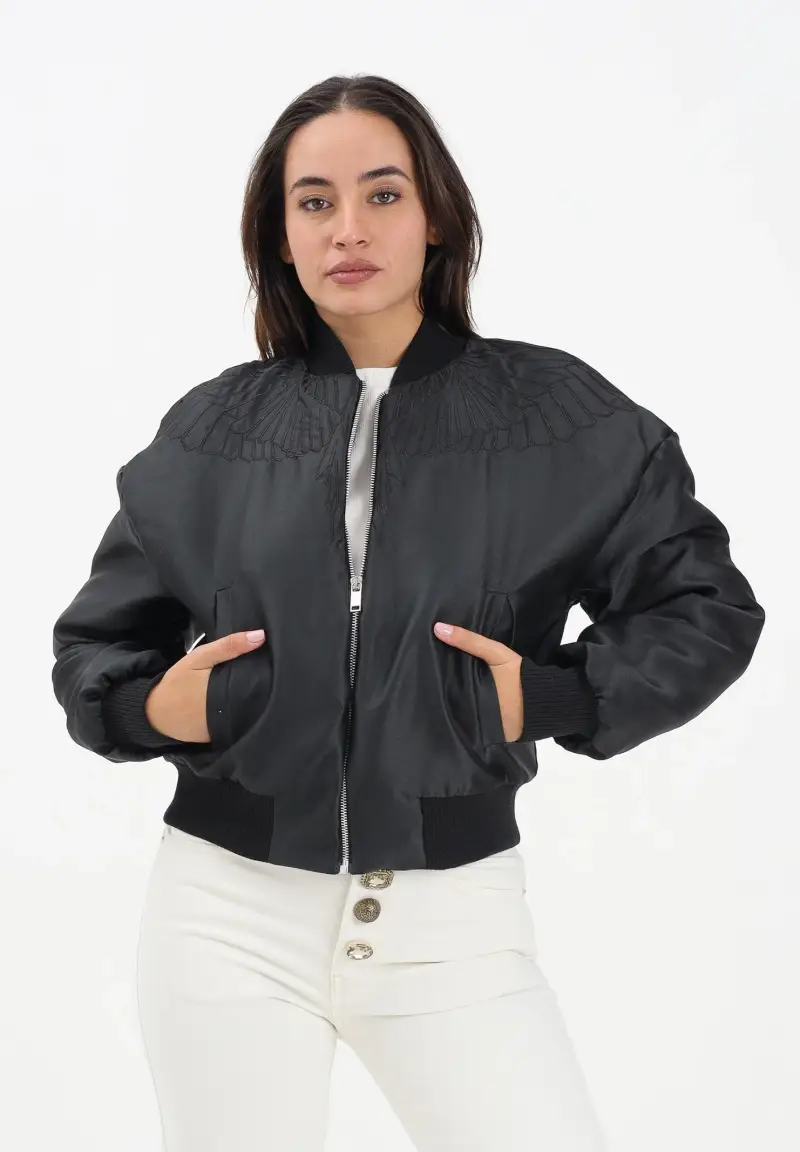 Bomber nero da donna con ricamo ali miniatura 2