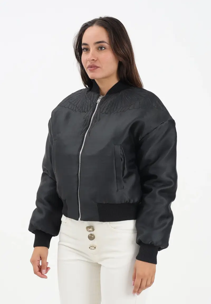 Bomber nero da donna con ricamo ali