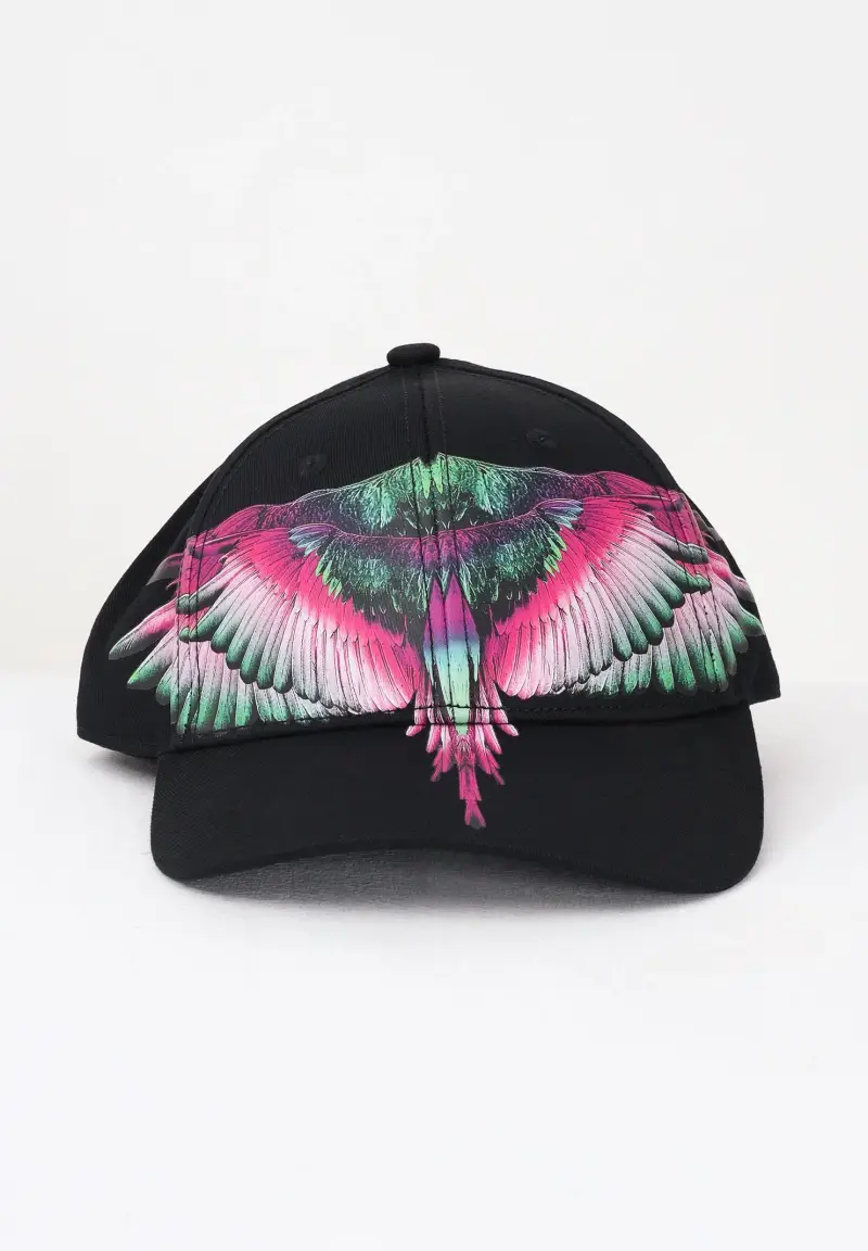 Cappello con visiera nero per uomo e donna rifinito da stampa ali multicolor