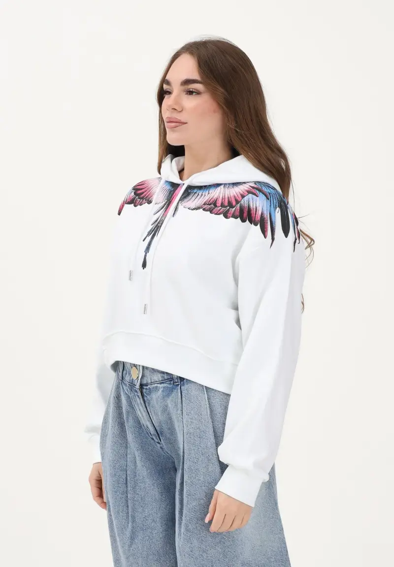Felpa con cappuccio bianca da donna rifinita da stampa ali