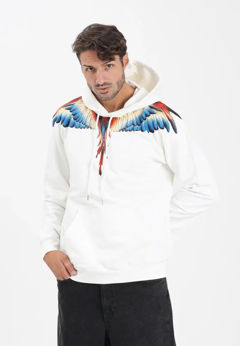 Felpa con cappuccio bianca da uomo caratterizzata da stampa ali miniatura 2