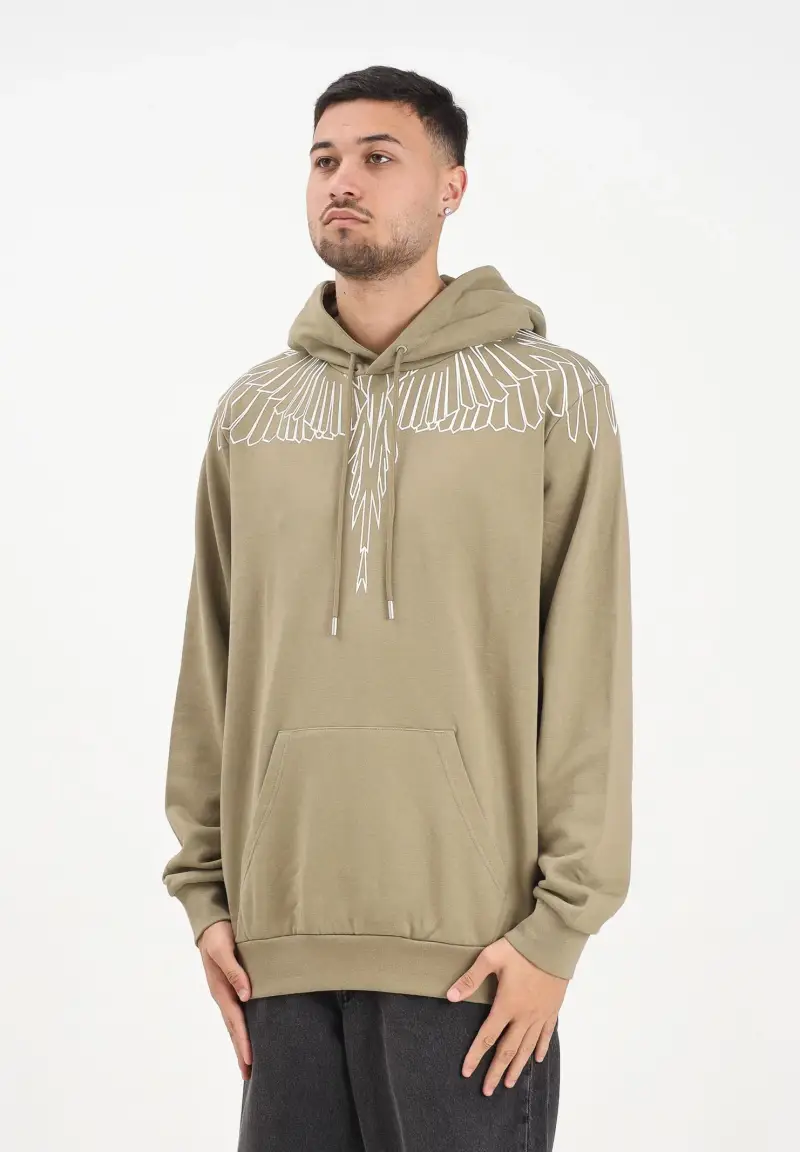 Felpa con cappuccio color kaki da uomo con grafica ali