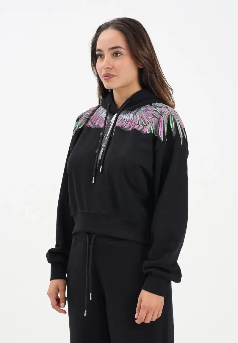 Felpa con cappuccio nera da donna rifinita da stampa ali