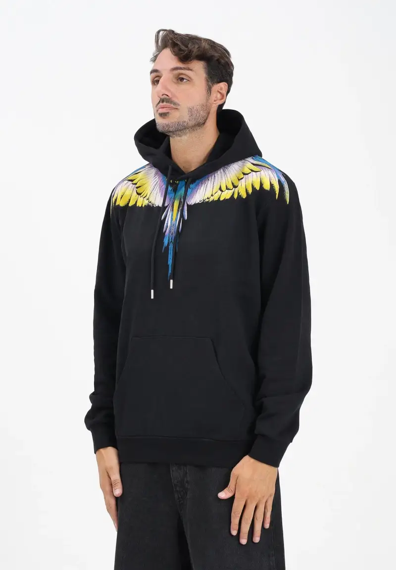 Felpa con cappuccio nera da uomo caratterizzata da stampa ali