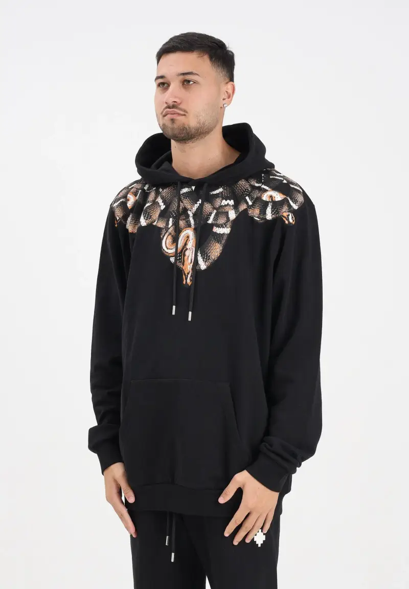 Felpa con cappuccio nera da uomo caratterizzata da stampa di serpente
