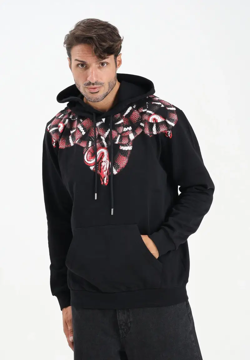 Felpa con cappuccio nera da uomo caratterizzata da stampa serpente miniatura 2