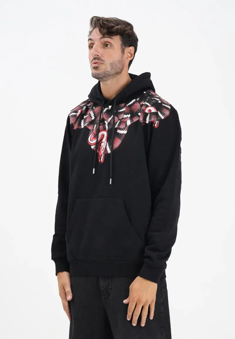 Felpa con cappuccio nera da uomo caratterizzata da stampa serpente