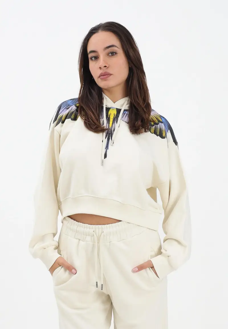 Felpa con cappuccio panna da donna rifinita da stampa ali miniatura 2