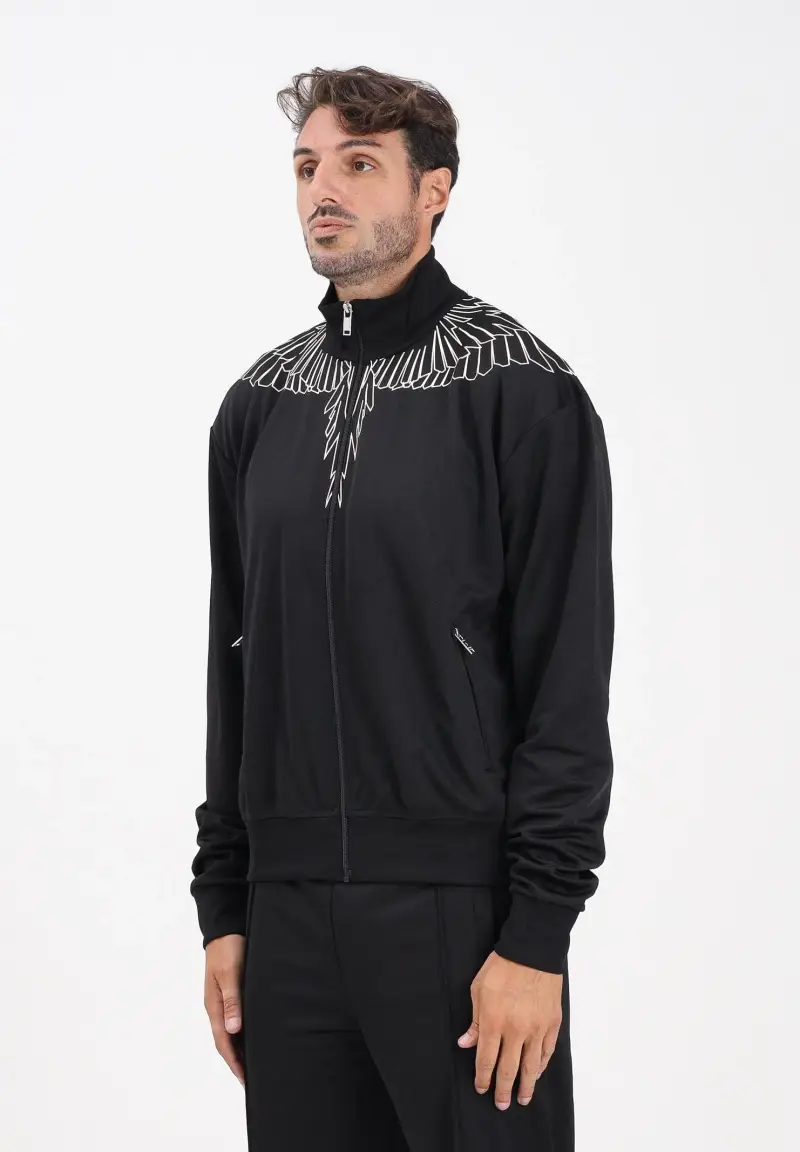 Felpa con zip nera da uomo caratterizzata da stampa grafica di ali