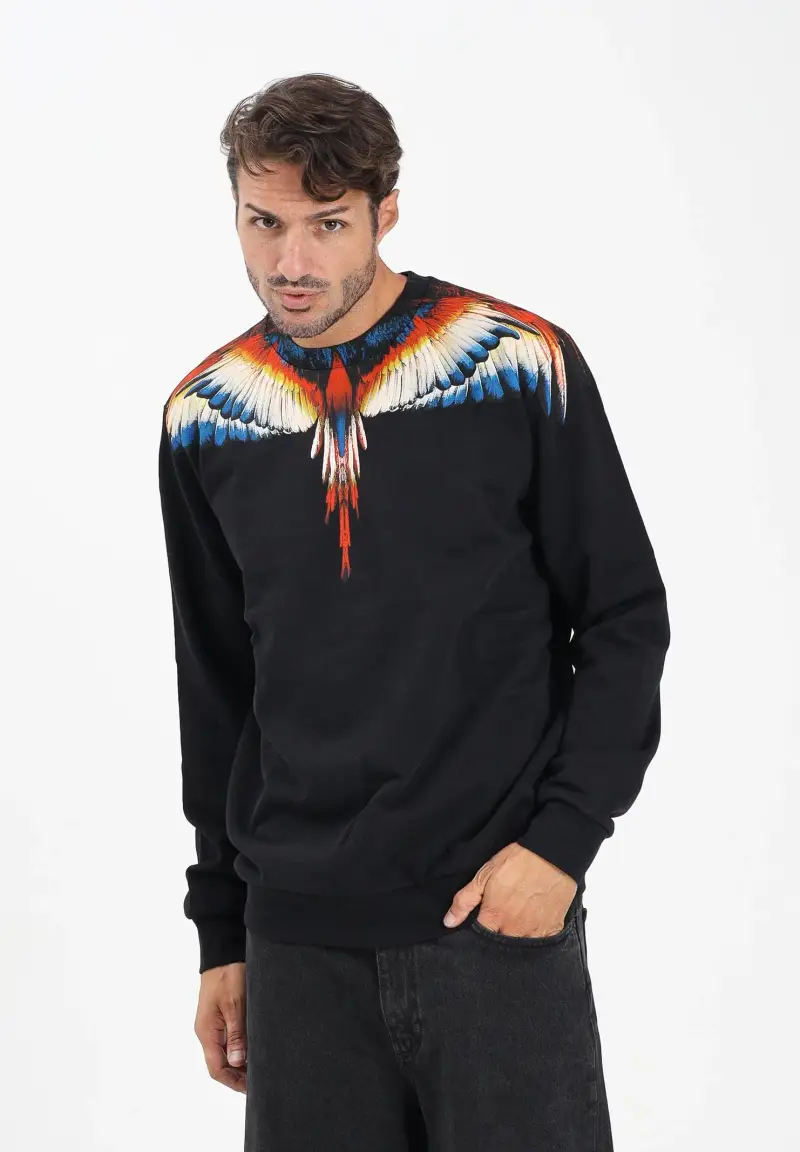Felpa girocollo nera da uomo con stampa ali miniatura 2