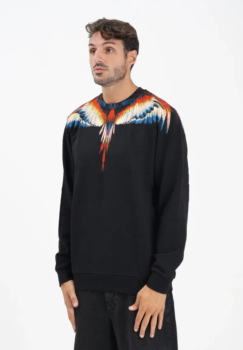 Felpa girocollo nera da uomo con stampa ali