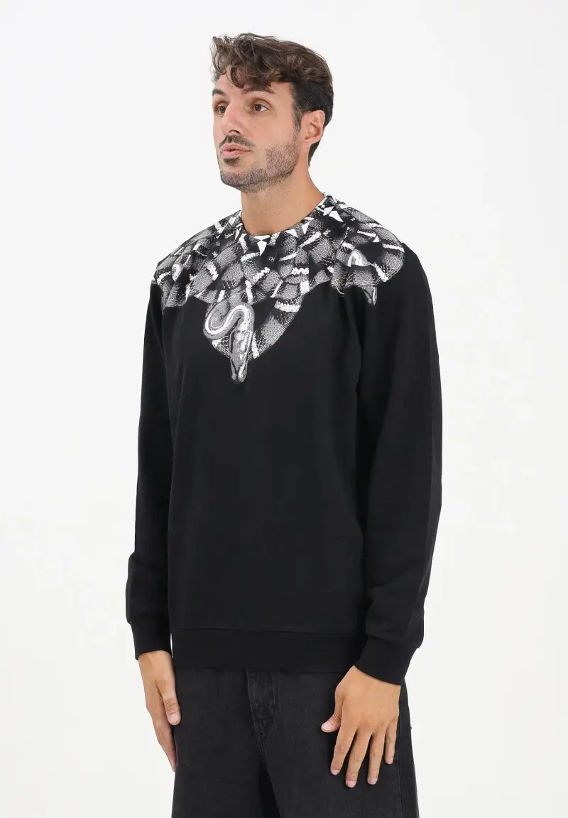 Felpa girocollo nera da uomo con stampa serpente
