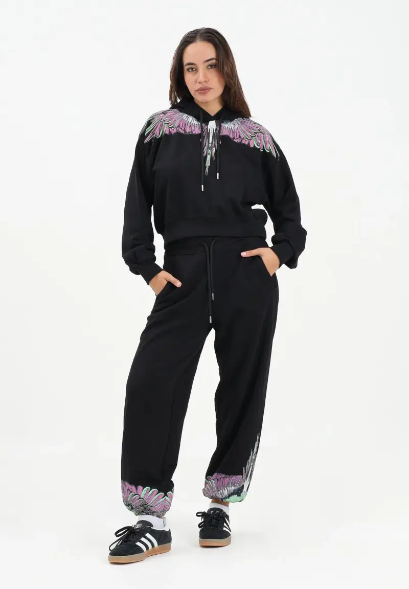 Pantalone sportivo nero da donna con stampa ali sul fondo miniatura 2