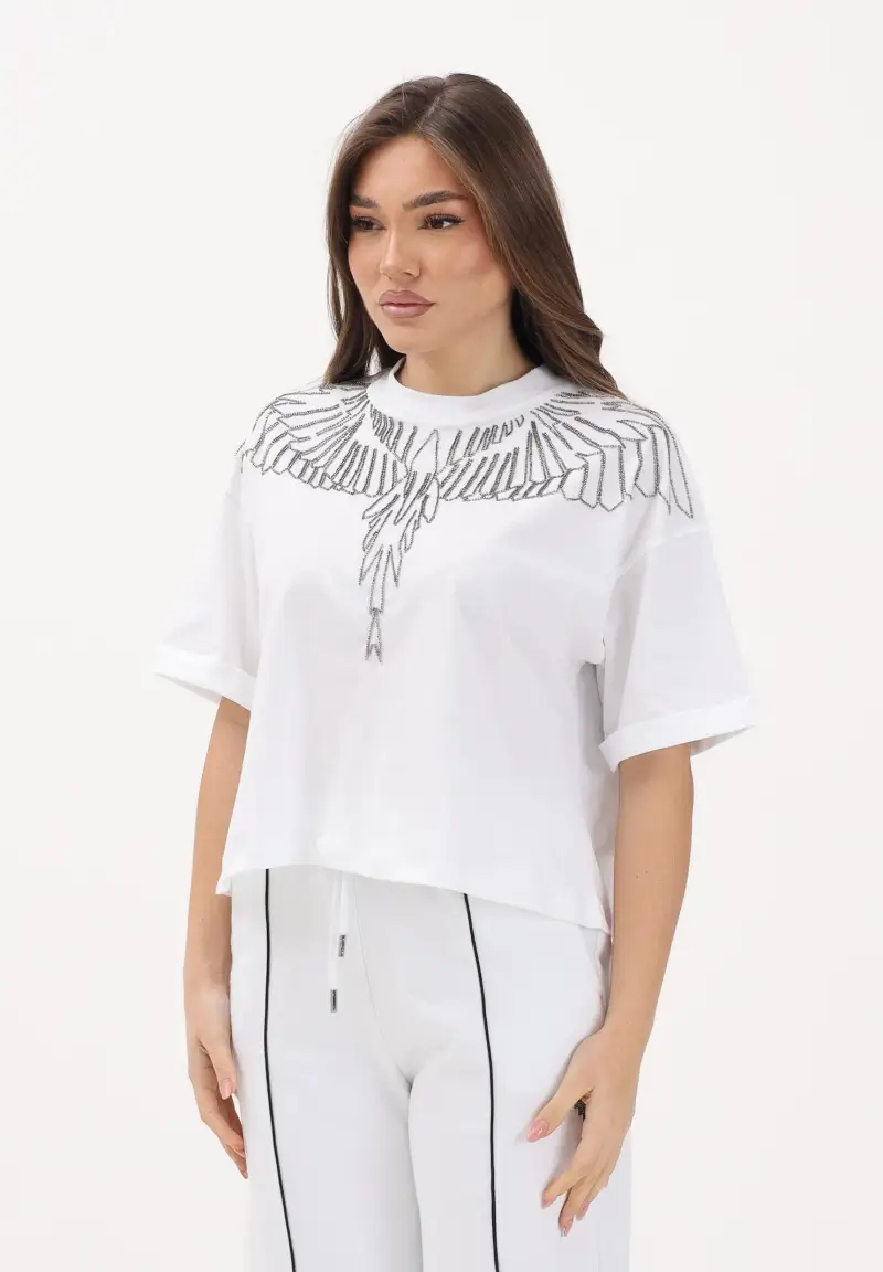 T-shirt a manica corta bianca da donna con ricamo ali in strass