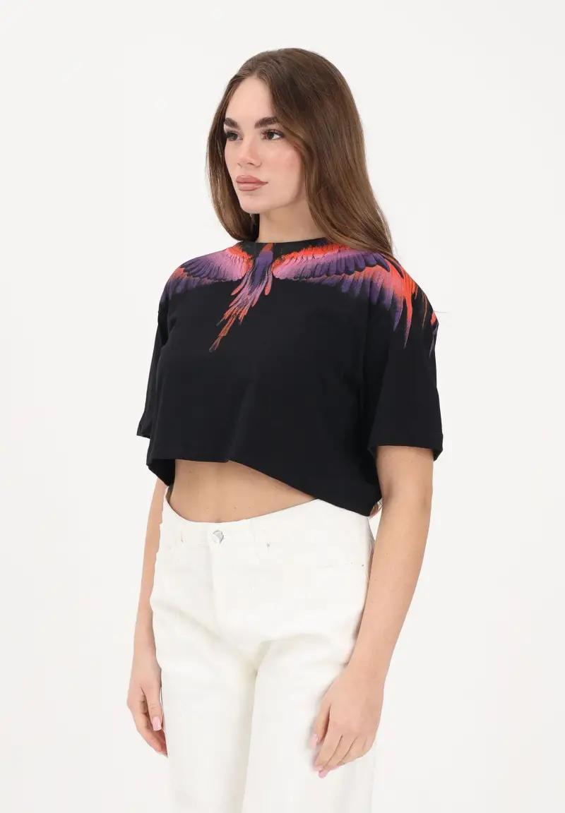 T-shirt a manica corta nera da donna con stampa ali e taglio crop
