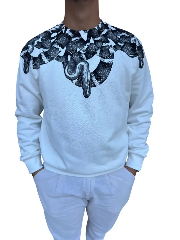 felpa bianca uomo in cotone girocollo maxi logo snake a contrasto