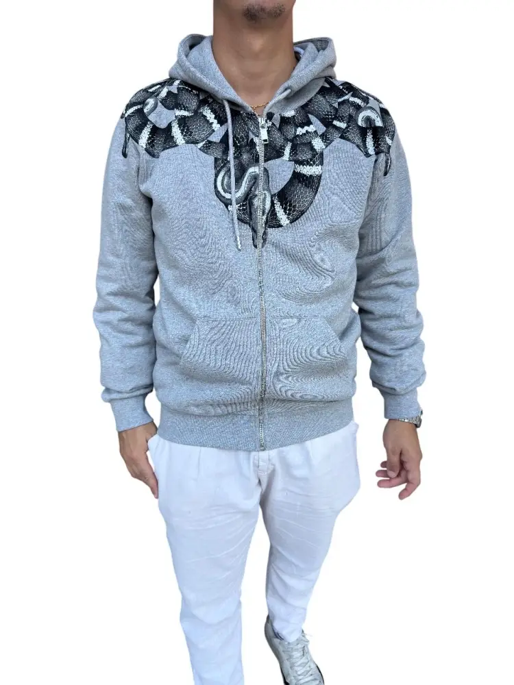felpa grigia uomo chiusura zip con cappuccio in cotone maxi logo snake a contrasto