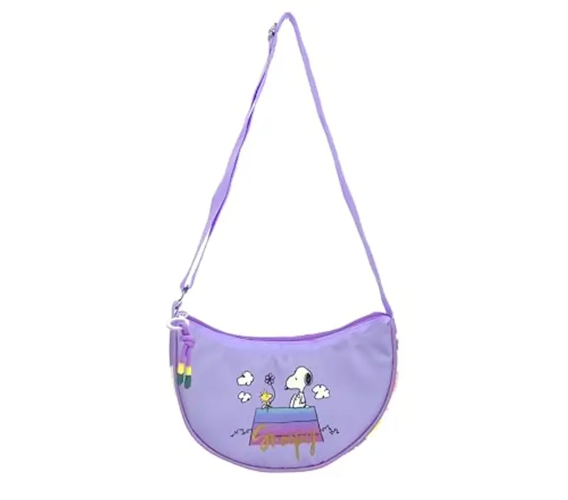 Marchi CyP: Snoopy, Borsa Half Moon, Borsa multifunzione, Borsa da ragazza, Borsa da donna, Colore viola, Prodotto ufficiale