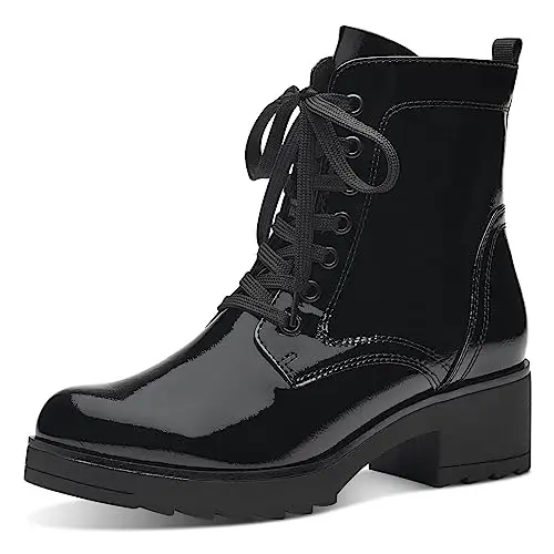 MARCO TOZZI Stivaletti Donna con Lacci in Pelle Sintetica Tacco a Blocco, Black Patent, 36 EU