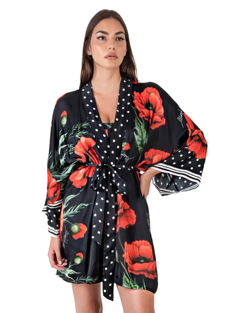 Kimono corto con fantasia stampata e pois Nero