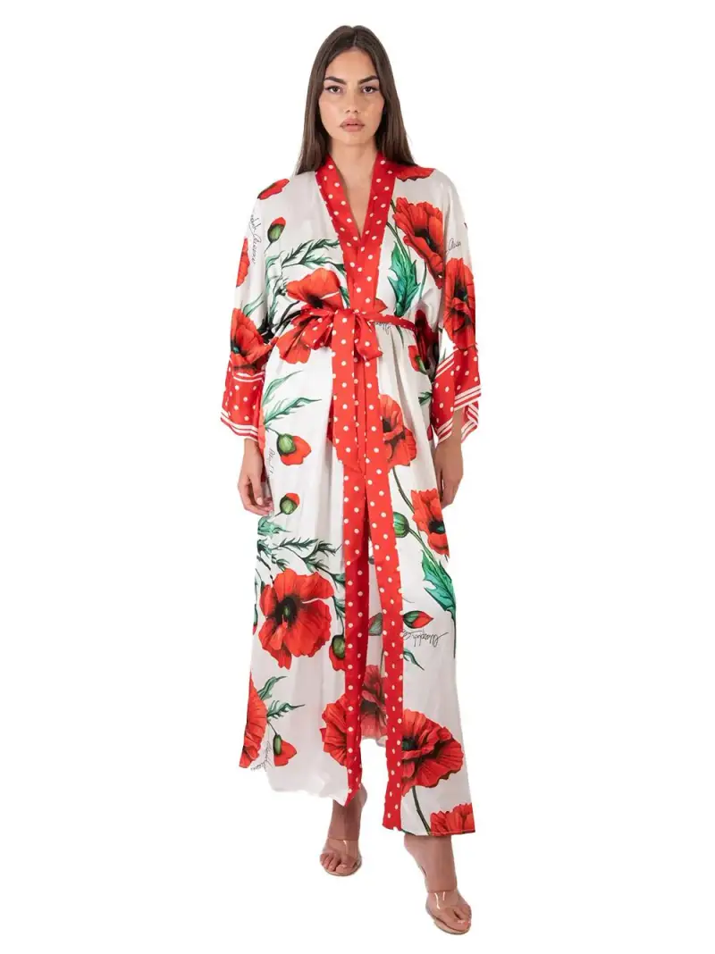 Kimono lungo burro con fantasia stampata Multicolor