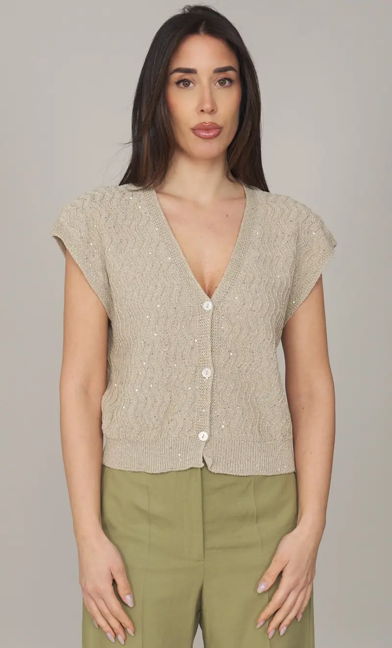 Gilet maria bellentani con paillettes, colore sabbia