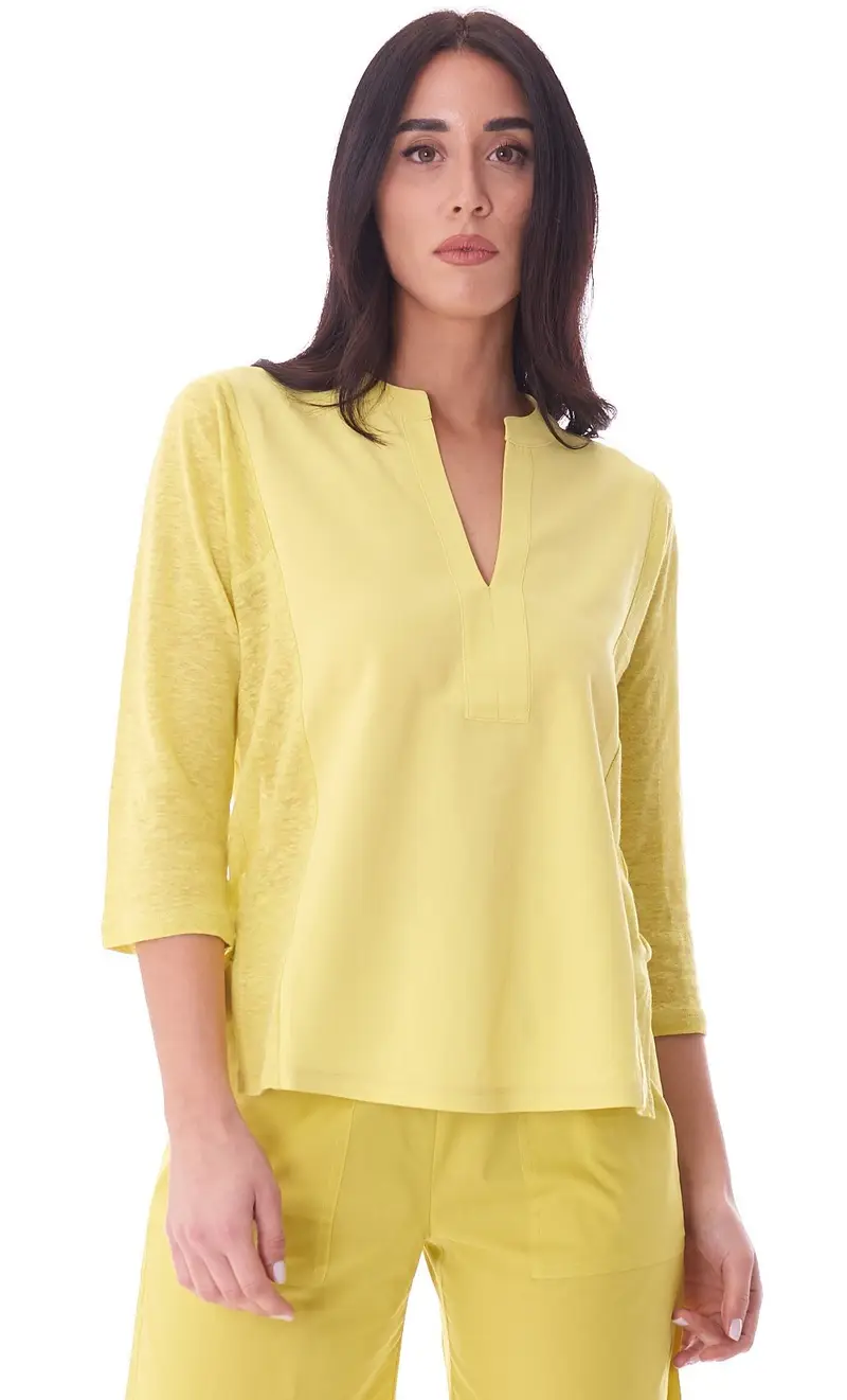 Maglia maria bellentani con scollo guru in lino, colore giallo
