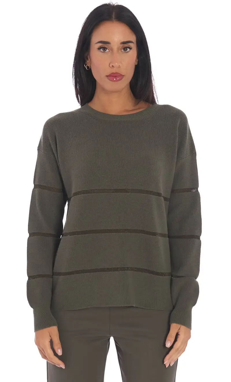 Maglia maria bellentani girocollo in punto pannocchia con lurex, colore militare