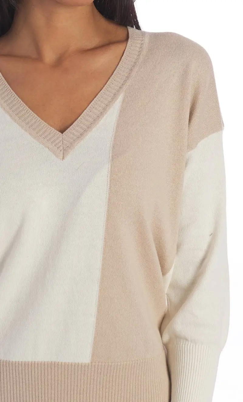 Maglia maria bellentani manica lunga bicolore scollo v, colore panna miniatura 2