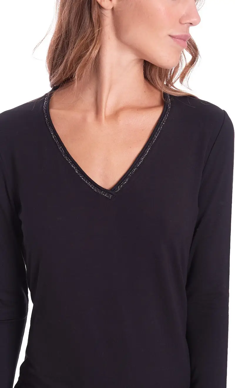 Maglia maria bellentani scollo a punta con profili in lurex, colore nero miniatura 2