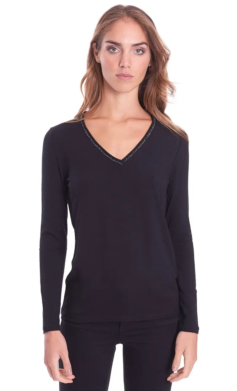 Maglia maria bellentani scollo a punta con profili in lurex, colore nero