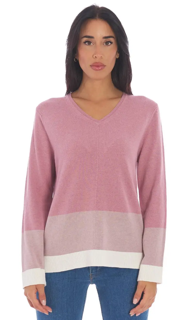 Maglia maria bellentani scollo a v con bordature a contrasto, colore rosa