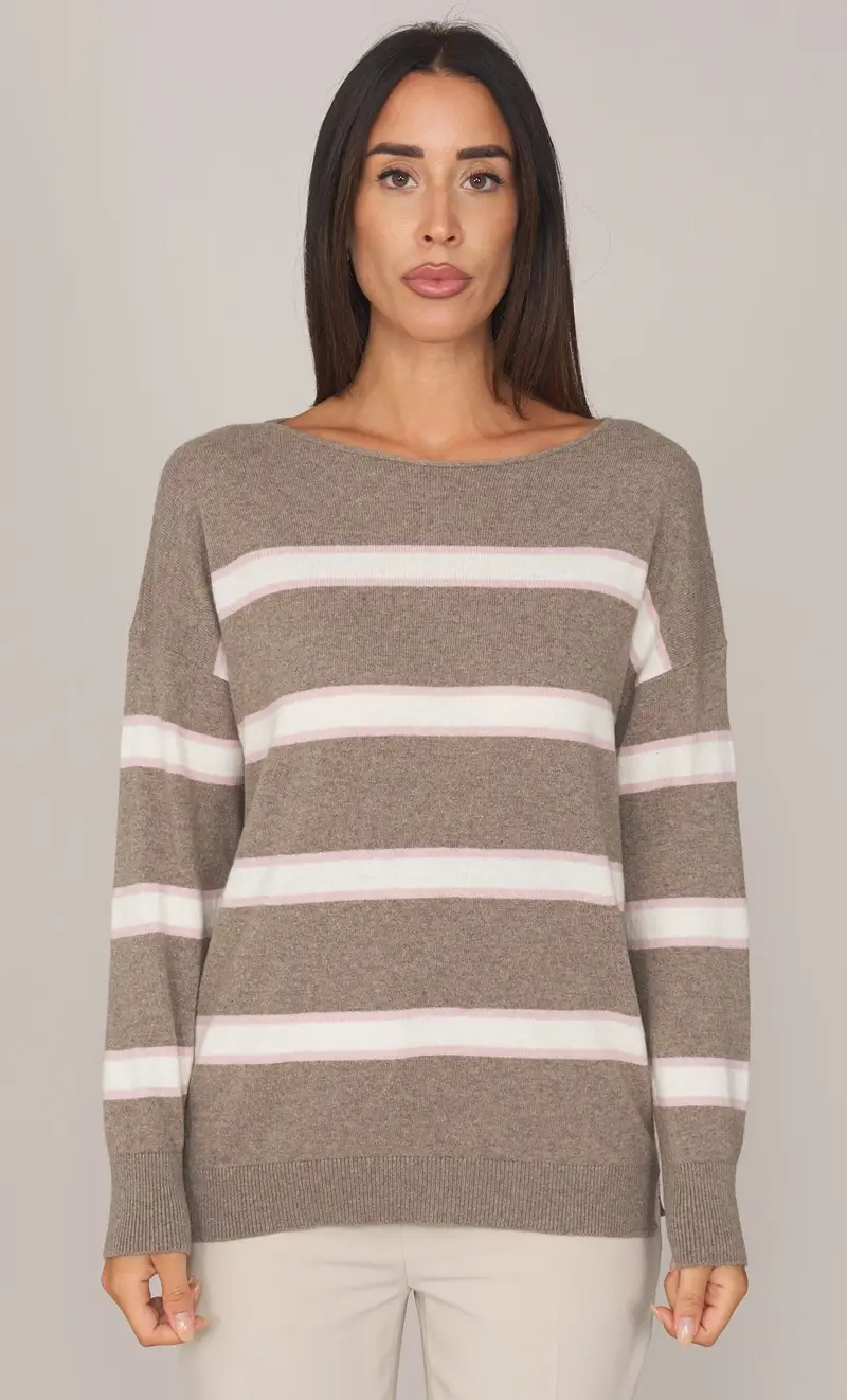 Maglia rigata maria bellentani scollo a barca - francesca, colore fango