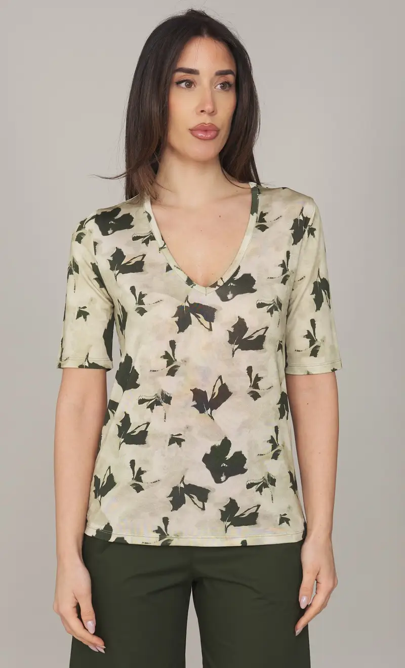 T-shirt maria bellentani floreale con scollo a punta - zonda, colore sabbia