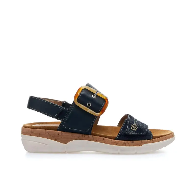 Sandali comfort blu in pelle con maxi fibbia