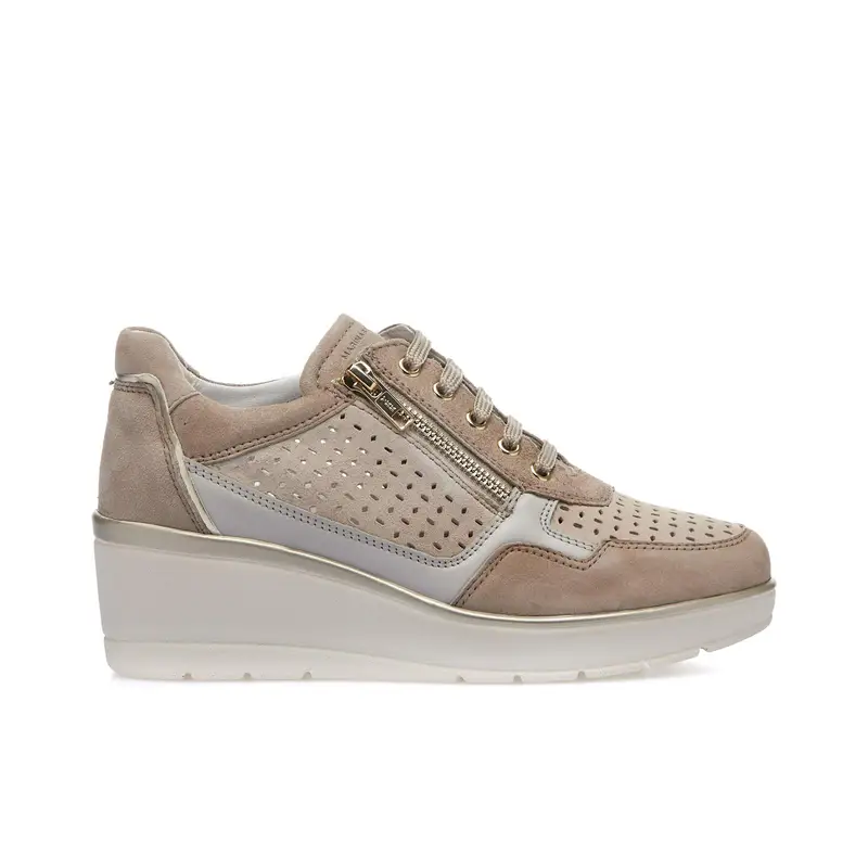 Sneakers comfort beige in pelle con zeppa