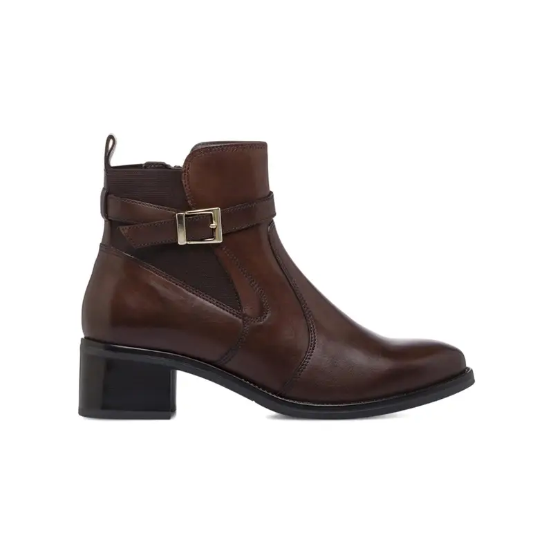Stivaletti marroni da donna in pelle con fibbia e tacco basso largo