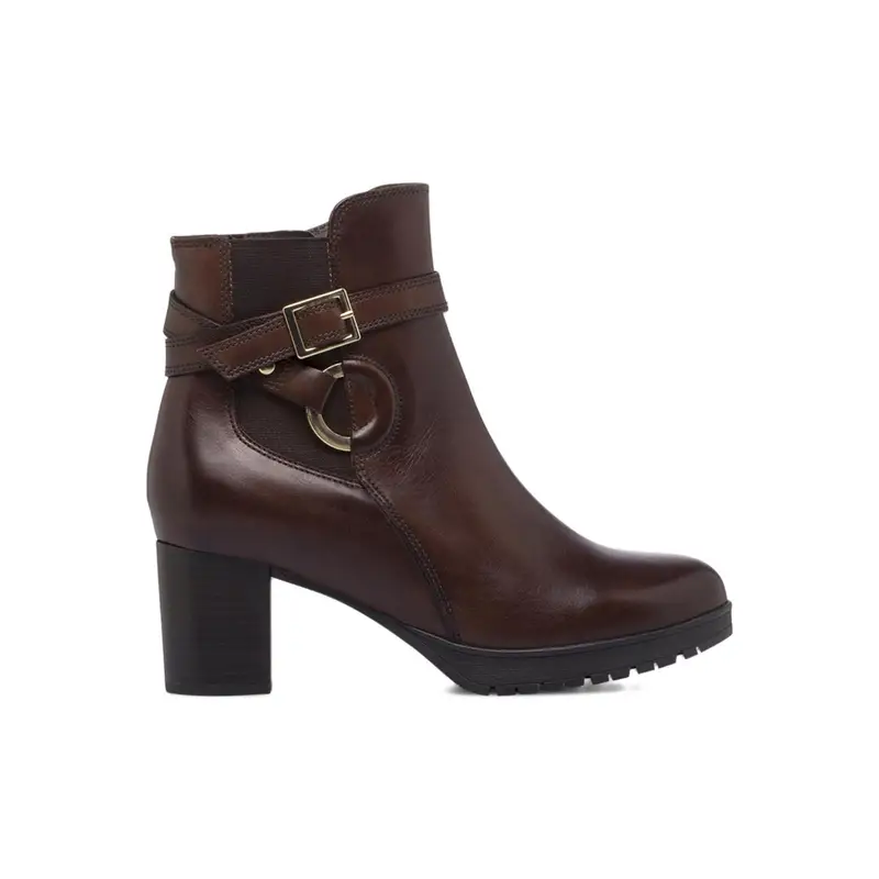 Stivaletti marroni in pelle da donna con tacco medio e fibbie