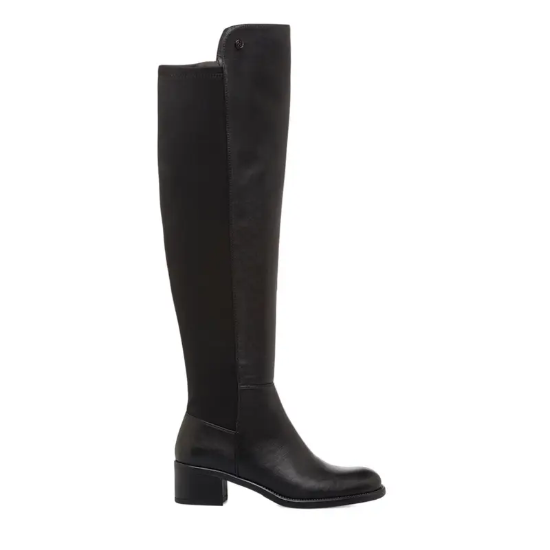 Stivali neri da donna con tacco basso e gambale sopra il ginocchio